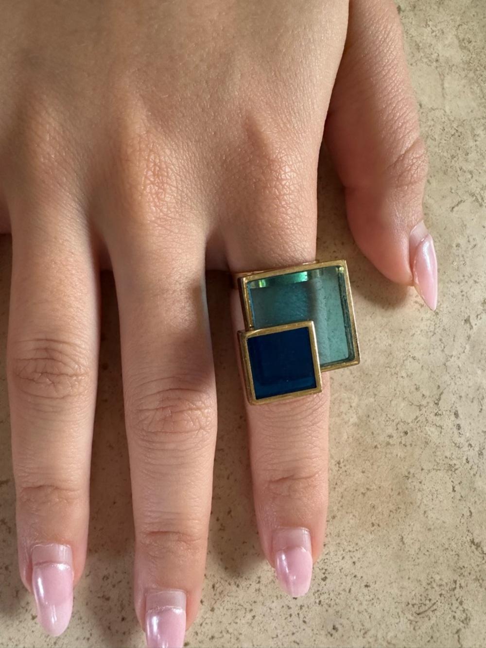 Gold-Tone Two-Square Resin Statement Ring in Teal and Navy